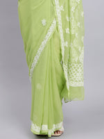 Load image into Gallery viewer, Seva Chikan Hand Embroidered Green Georgette Lucknowi Chikankari Saree- SCL6029
