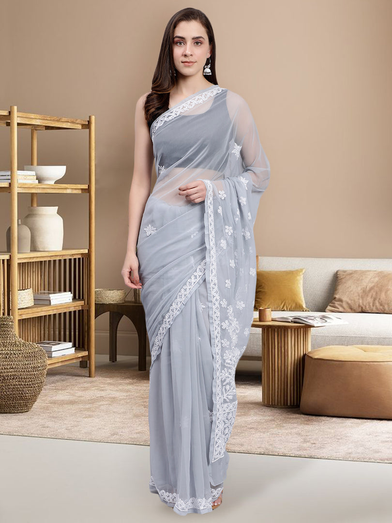 Seva Chikan Hand Embroidered Grey Georgette Lucknowi Chikankari Saree- SCL6030