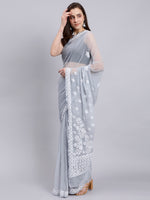 Load image into Gallery viewer, Seva Chikan Hand Embroidered Grey Georgette Lucknowi Chikankari Saree- SCL6030