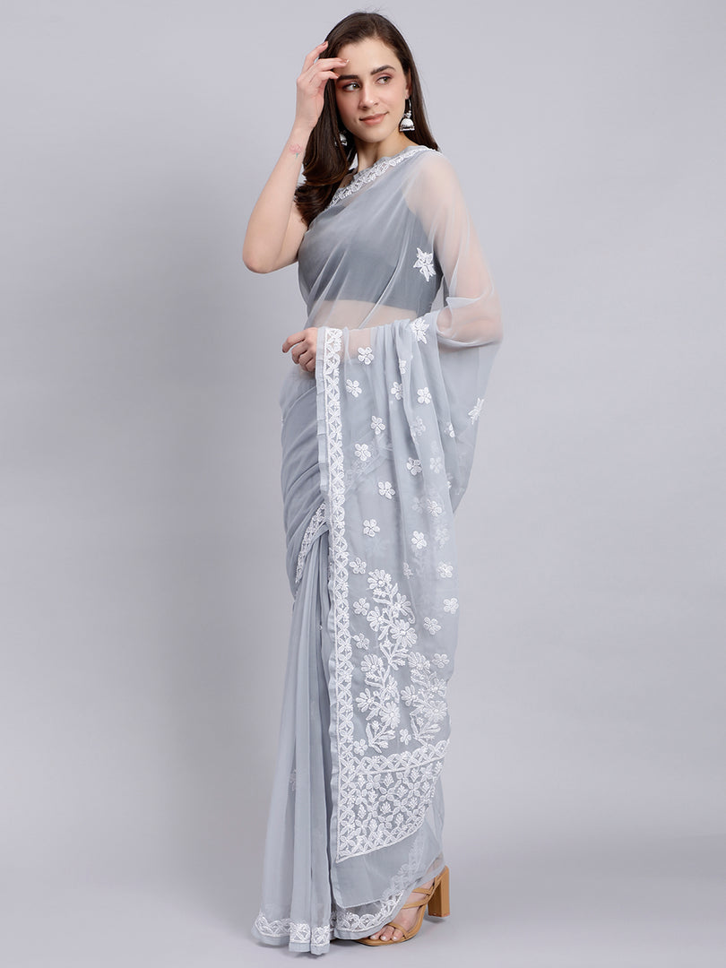 Seva Chikan Hand Embroidered Grey Georgette Lucknowi Chikankari Saree- SCL6030