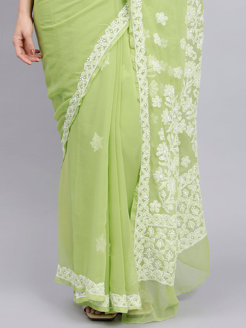 Seva Chikan Hand Embroidered Green Georgette Lucknowi Chikankari Saree- SCL6032