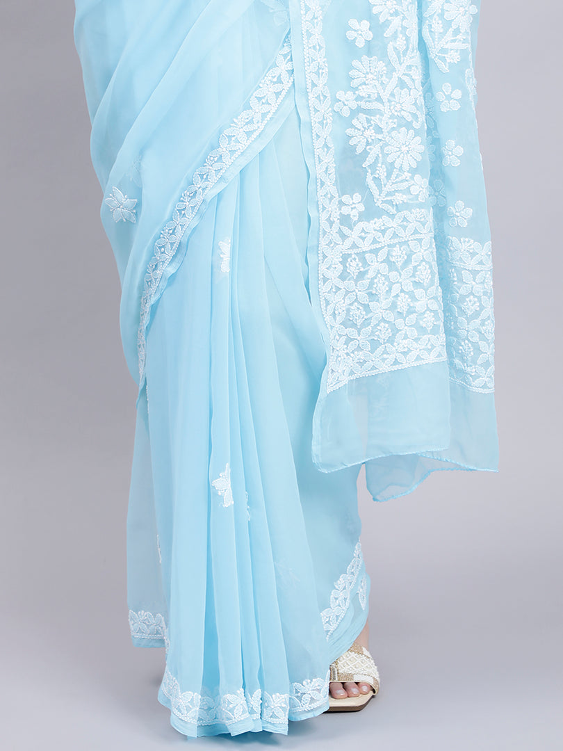 Seva Chikan Hand Embroidered Blue Georgette Lucknowi Chikankari Saree- SCL6033