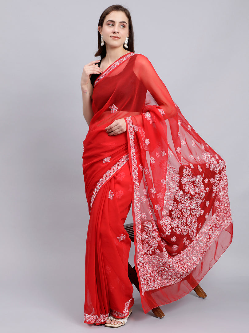 Seva Chikan Hand Embroidered Red Georgette Lucknowi Chikankari Saree- SCL6034