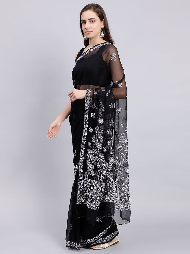 Seva Chikan Hand Embroidered Black Georgette Lucknowi Chikankari Saree- SCL6035
