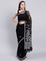 Load image into Gallery viewer, Seva Chikan Hand Embroidered Black Georgette Lucknowi Chikankari Saree- SCL6035