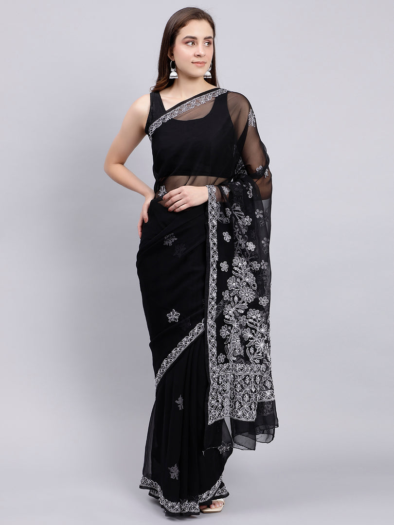 Seva Chikan Hand Embroidered Black Georgette Lucknowi Chikankari Saree- SCL6035
