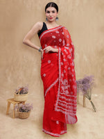 Load image into Gallery viewer, Seva Chikan Hand Embroidered Red Georgette Lucknowi Chikankari Saree- SCL6036
