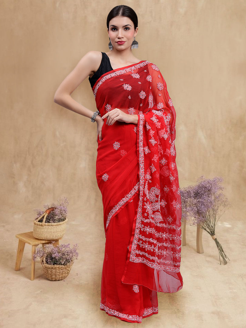 Seva Chikan Hand Embroidered Red Georgette Lucknowi Chikankari Saree- SCL6036