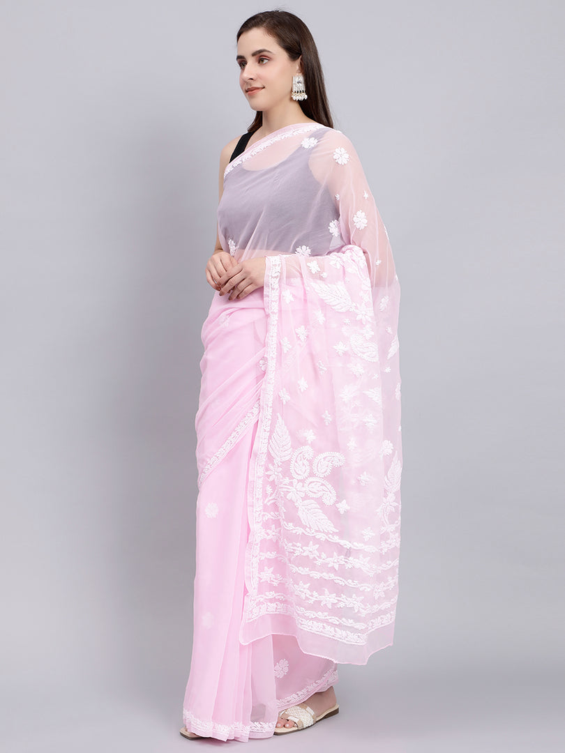 Seva Chikan Hand Embroidered Pink Georgette Lucknowi Chikankari Saree- SCL6037