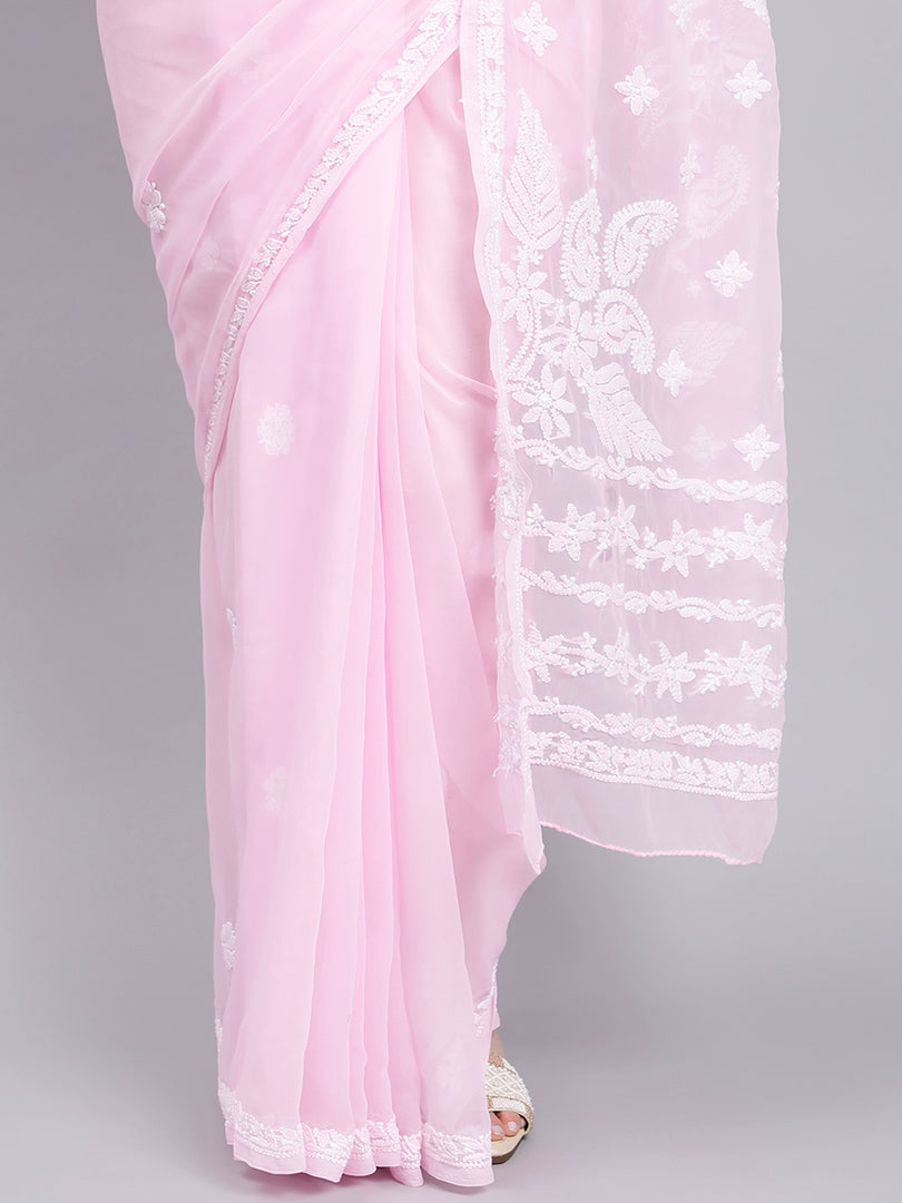 Seva Chikan Hand Embroidered Pink Georgette Lucknowi Chikankari Saree- SCL6037