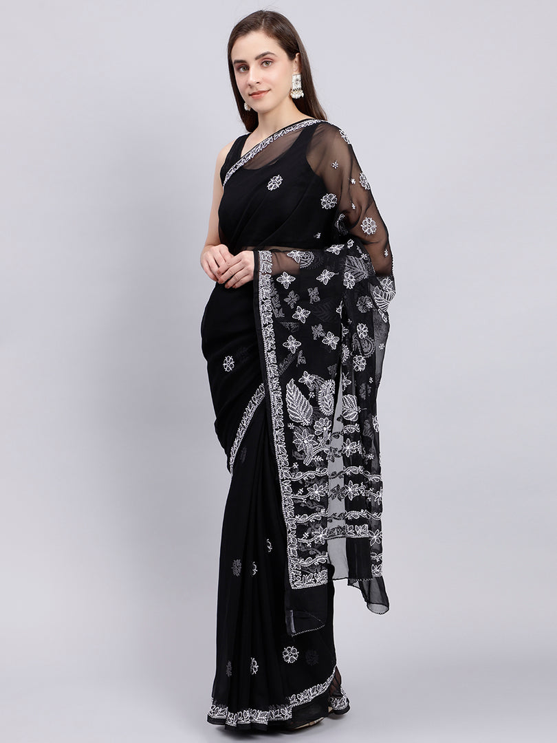 Seva Chikan Hand Embroidered Black Georgette Lucknowi Chikankari Saree- SCL6038