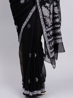 Load image into Gallery viewer, Seva Chikan Hand Embroidered Black Georgette Lucknowi Chikankari Saree- SCL6038
