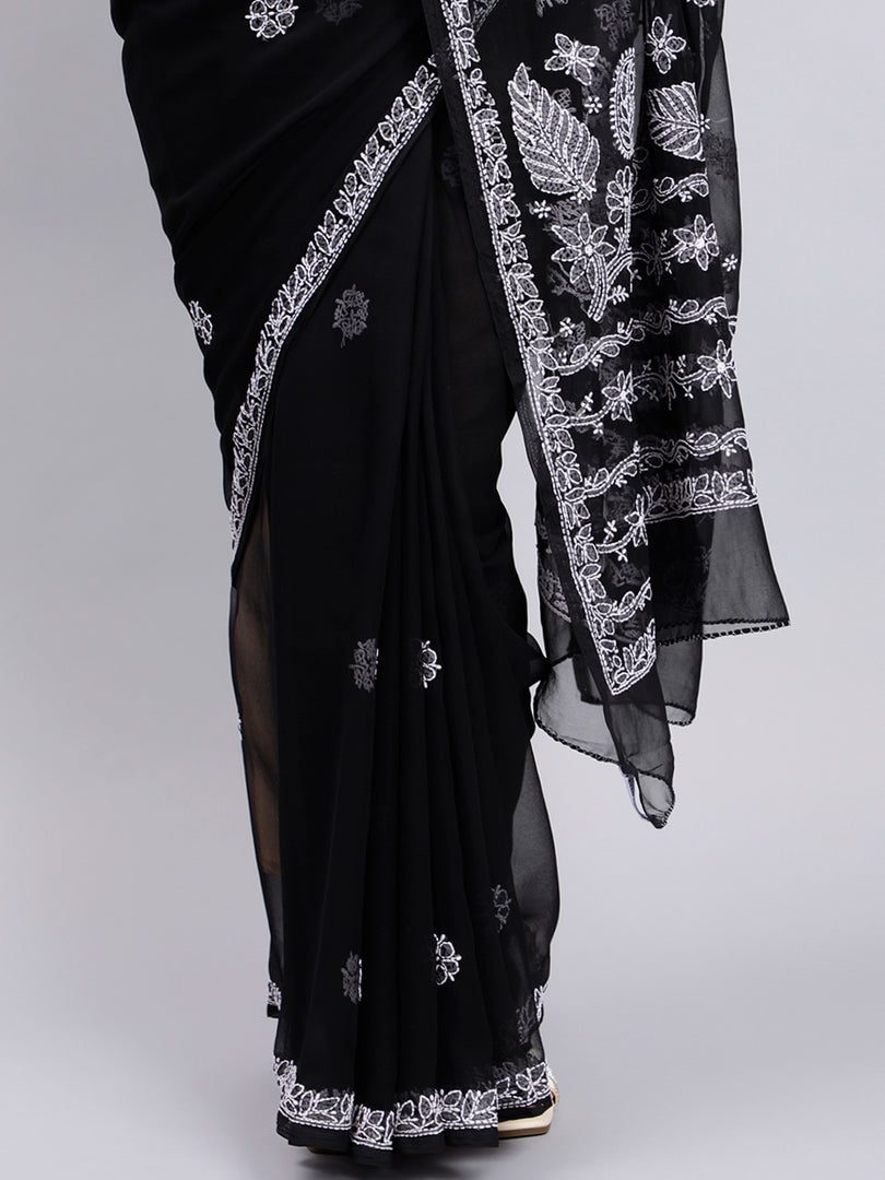 Seva Chikan Hand Embroidered Black Georgette Lucknowi Chikankari Saree- SCL6038