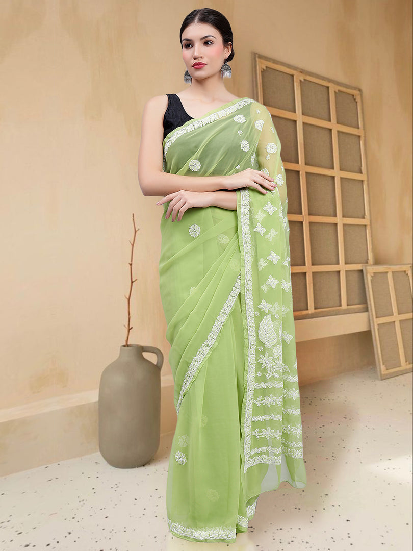 Seva Chikan Hand Embroidered Green Georgette Lucknowi Chikankari Saree- SCL6039