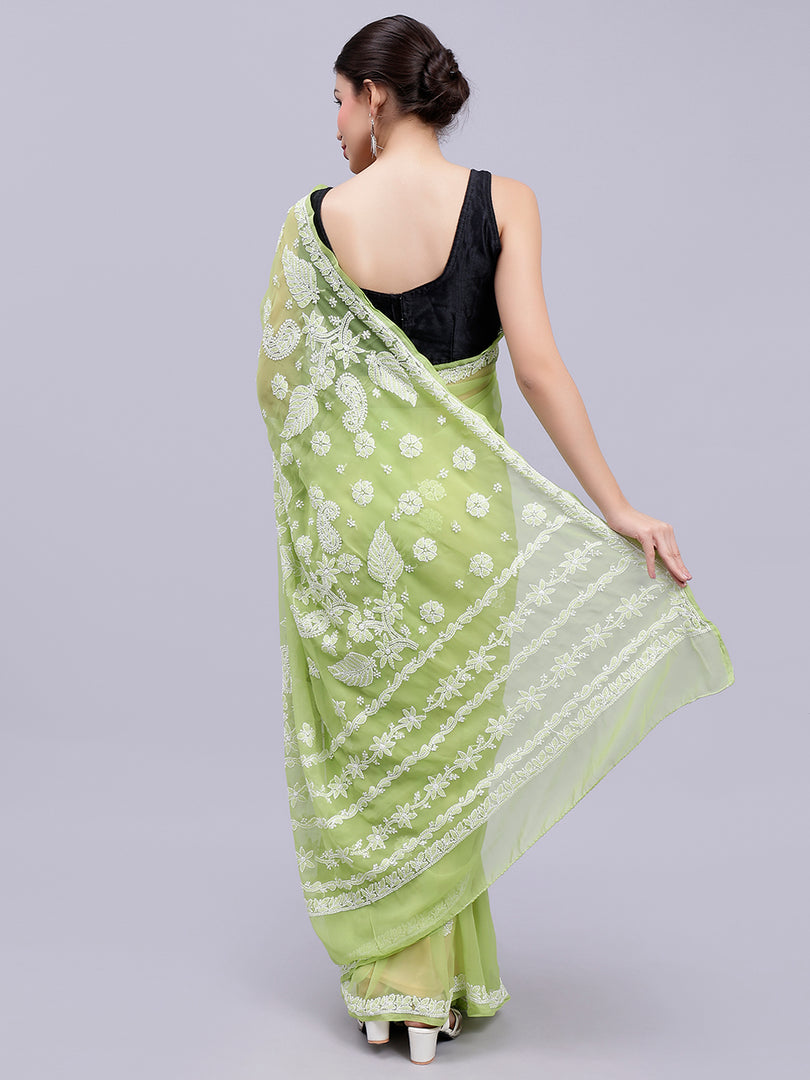 Seva Chikan Hand Embroidered Green Georgette Lucknowi Chikankari Saree- SCL6039