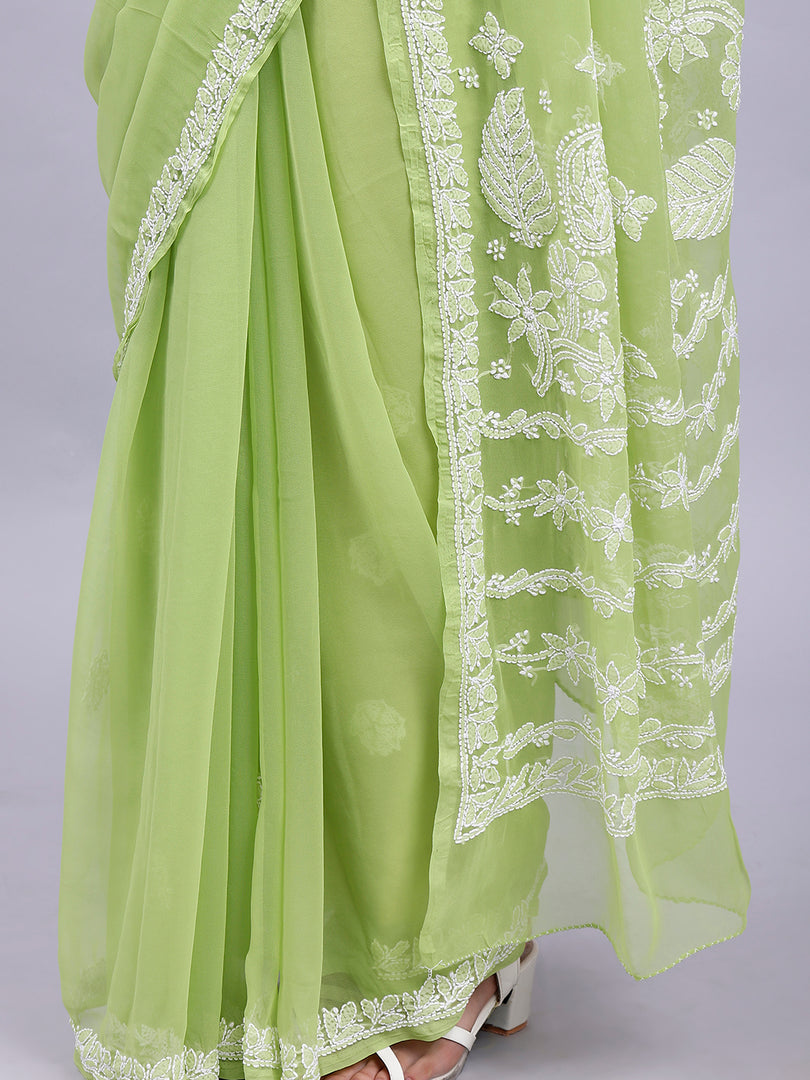 Seva Chikan Hand Embroidered Green Georgette Lucknowi Chikankari Saree- SCL6039