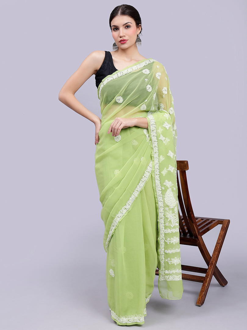 Seva Chikan Hand Embroidered Green Georgette Lucknowi Chikankari Saree- SCL6039