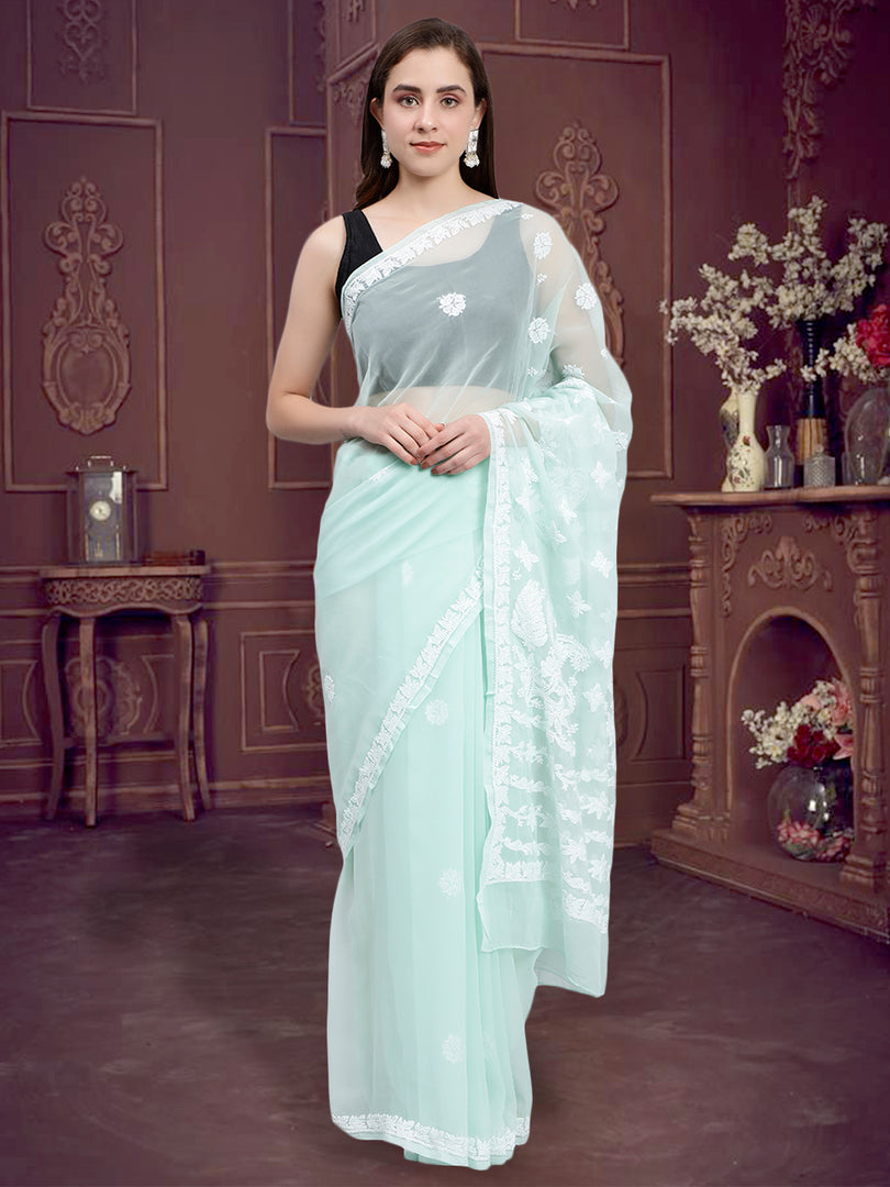 Seva Chikan Hand Embroidered Sea Green Georgette Lucknowi Chikankari Saree- SCL6040