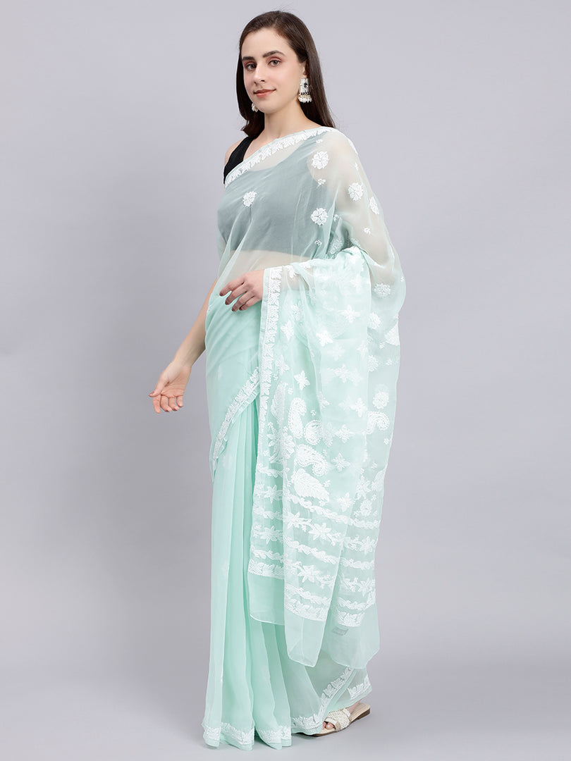 Seva Chikan Hand Embroidered Sea Green Georgette Lucknowi Chikankari Saree- SCL6040