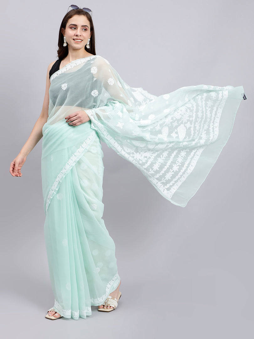 Seva Chikan Hand Embroidered Sea Green Georgette Lucknowi Chikankari Saree- SCL6040