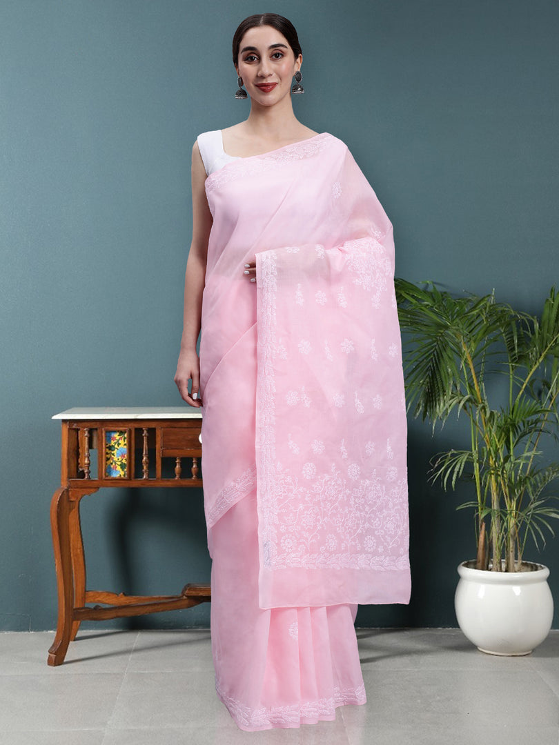 Seva Chikan Hand Embroidered Pink Terivoil Cotton Lucknowi Chikankari Saree- SCL6045