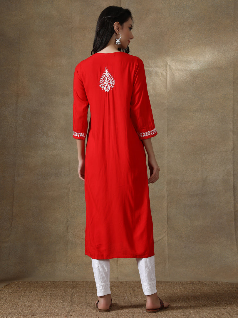 Seva Chikan Hand Embroidered Red Modal Cotton Kurta with Pant-SCL8014