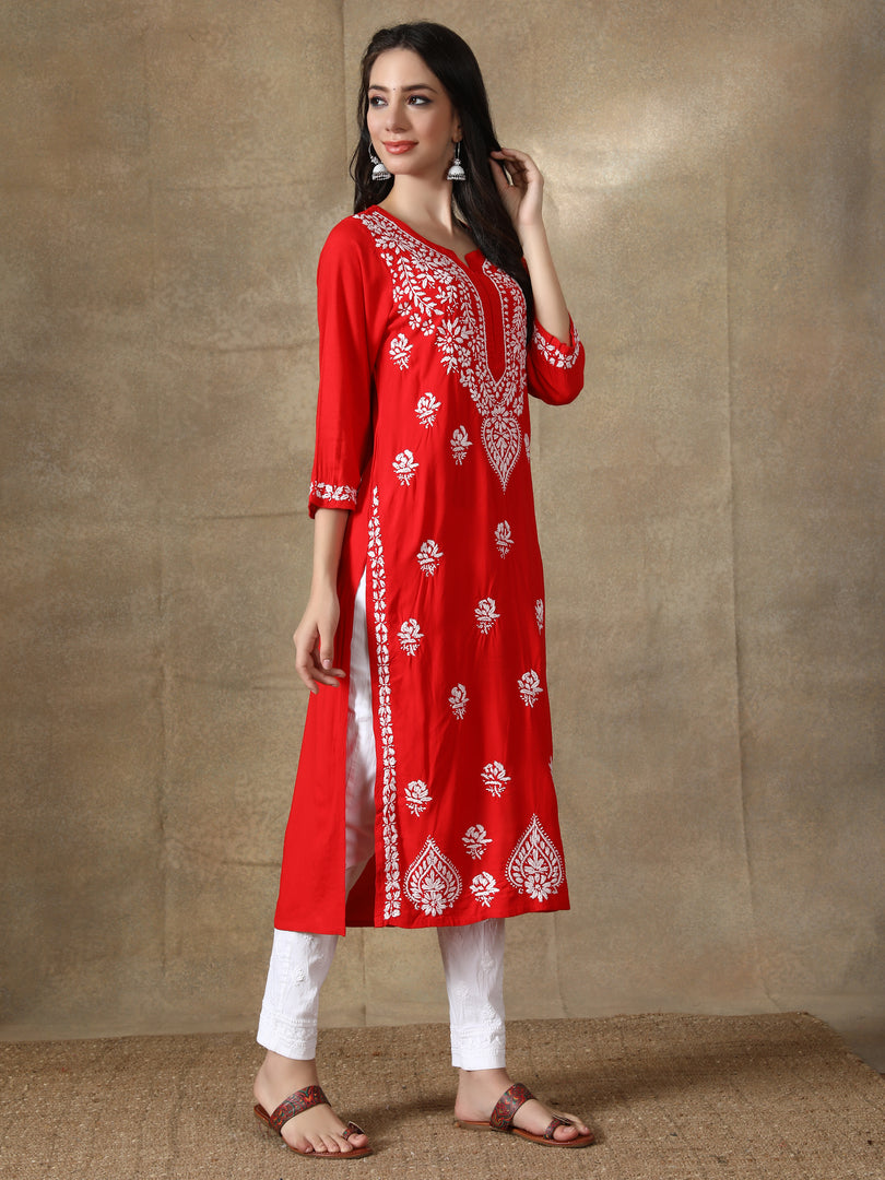 Seva Chikan Hand Embroidered Red Modal Cotton Kurta with Pant-SCL8014