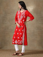 Load image into Gallery viewer, Seva Chikan Hand Embroidered Red Modal Cotton Kurta with Pant-SCL8014