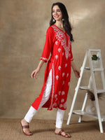 Load image into Gallery viewer, Seva Chikan Hand Embroidered Red Modal Cotton Kurta with Pant-SCL8014
