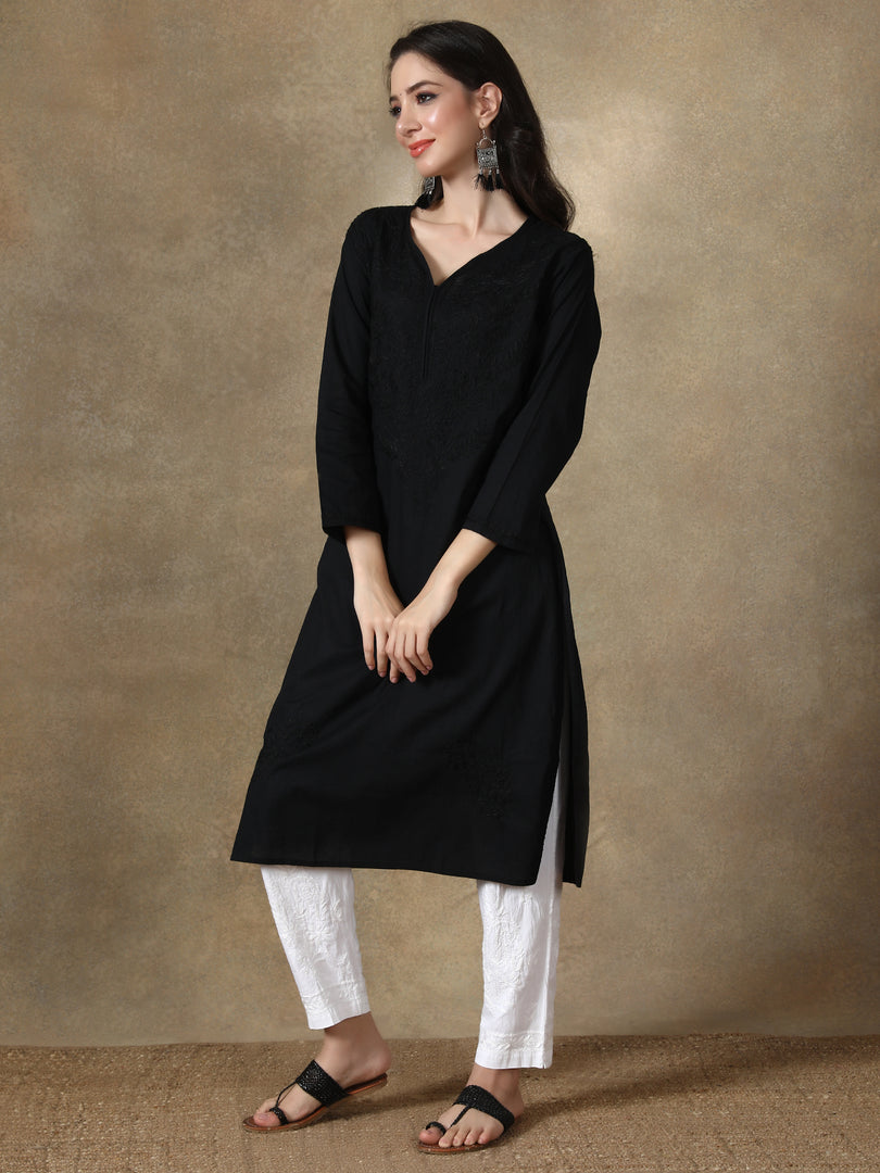Seva Chikan Hand Embroidered Black Cotton Kurta With Pant-SCL8019