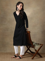 Load image into Gallery viewer, Seva Chikan Hand Embroidered Black Cotton Kurta With Pant-SCL8019