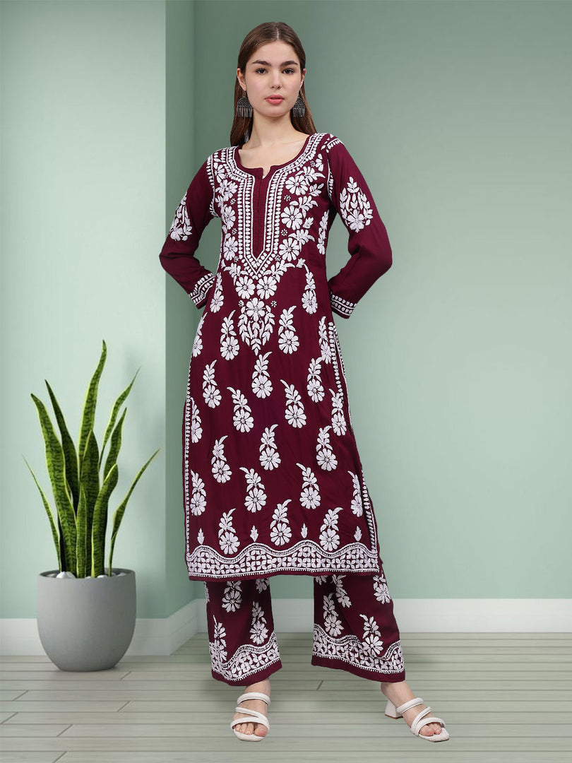 Seva Chikan Hand Embroidered Wine Rayon Lucknowi Chikankari Kurta Set-SCL8022