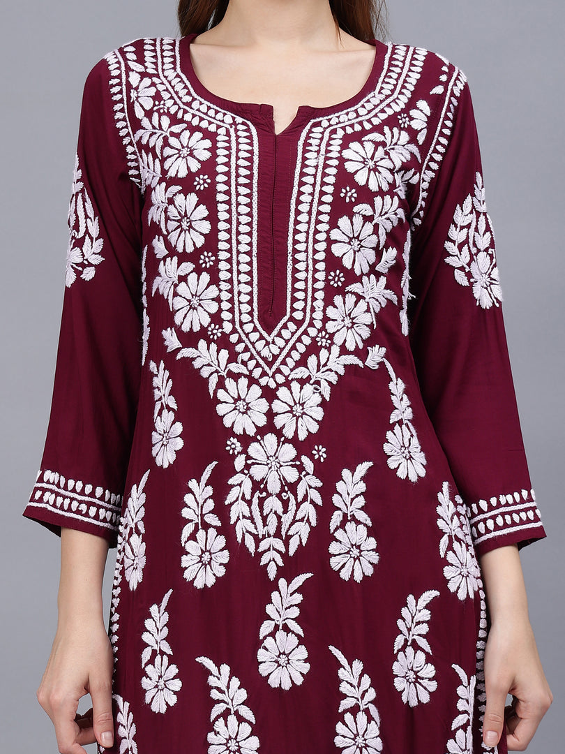 Seva Chikan Hand Embroidered Wine Rayon Lucknowi Chikankari Kurta Set-SCL8022