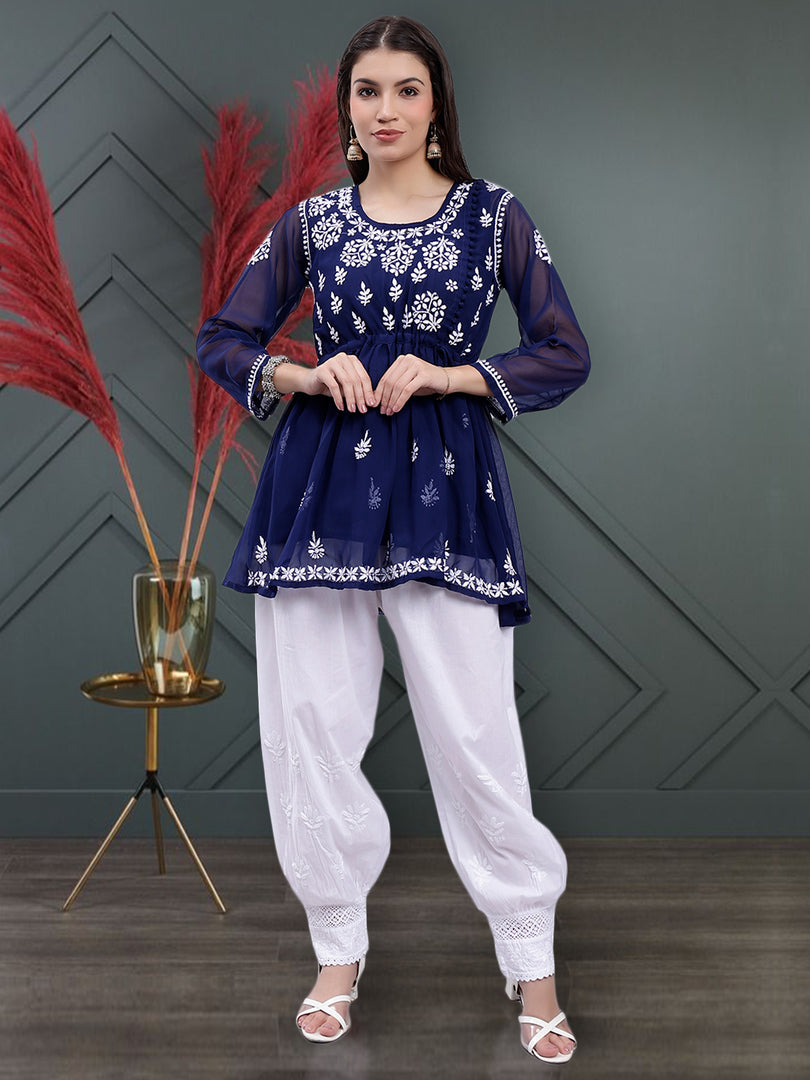 Seva Chikan Hand Embroidered Lucknowi Chikankari Navy Blue Georgette Top With Slip And White Afghani Salwar Set-SCL8034