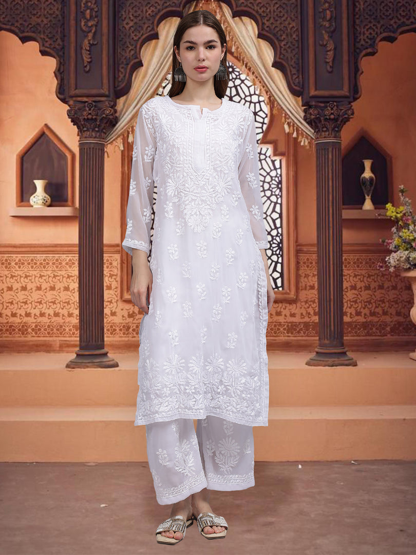 Seva Chikan Hand Embroidered White Georgette Lucknowi Chikankari Kurta Set-SCL8054