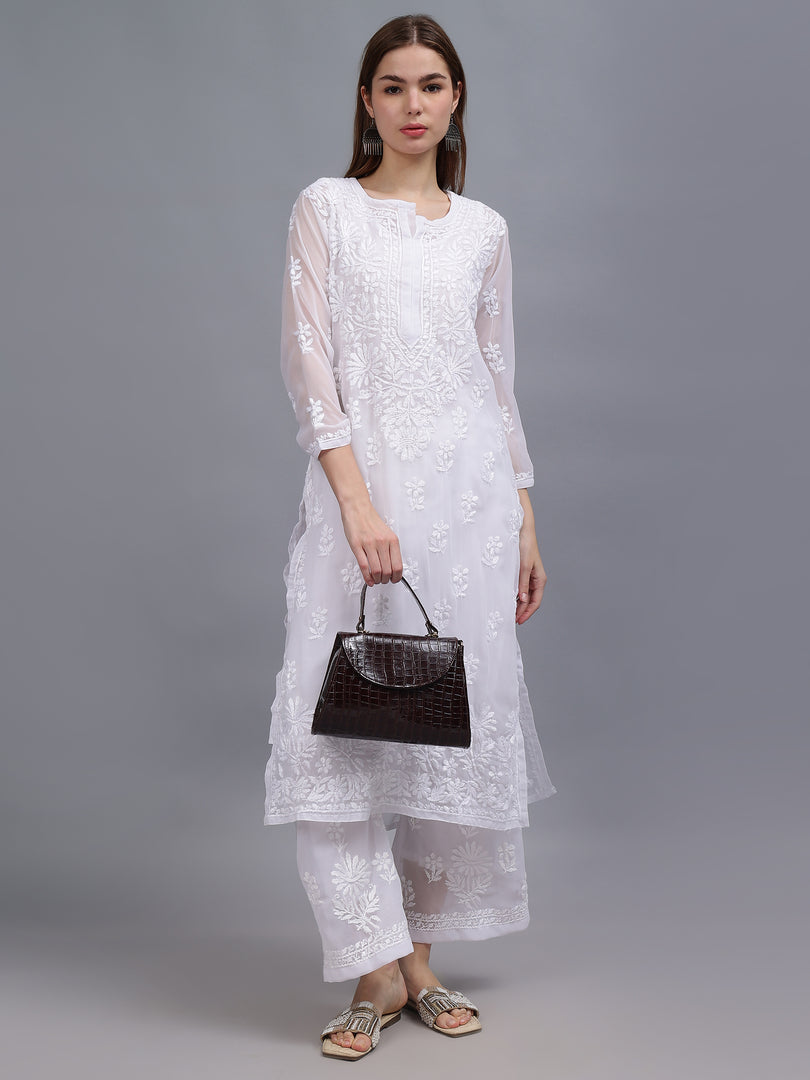 Seva Chikan Hand Embroidered White Georgette Lucknowi Chikankari Kurta Set-SCL8054