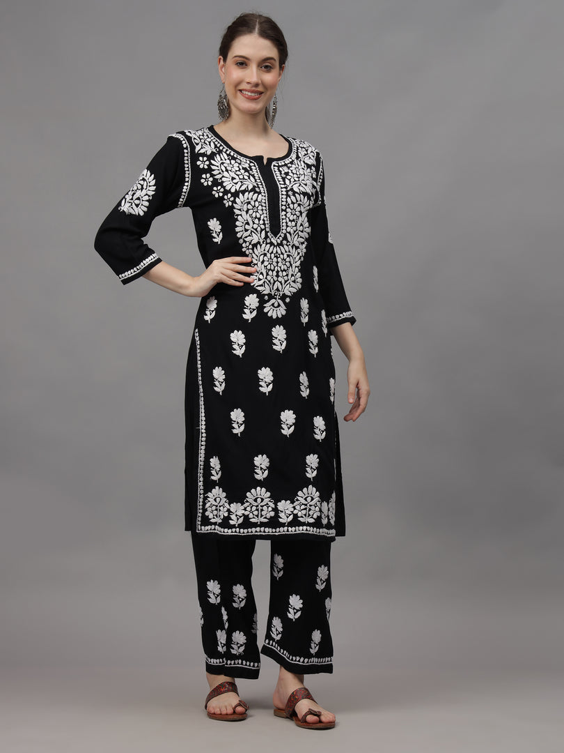 Seva Chikan Hand Embroidered Rayon Lucknowi Chikankari Kurta Set