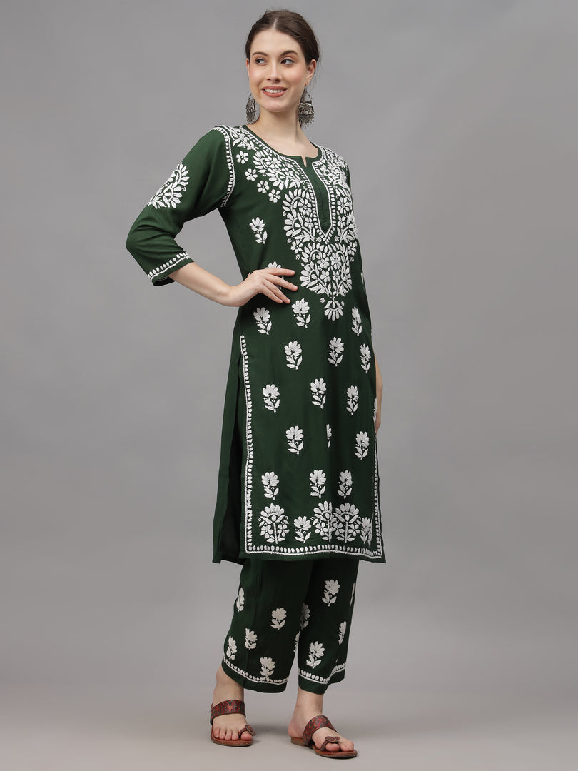 Seva Chikan Hand Embroidered Rayon Lucknowi Chikankari Kurta Set