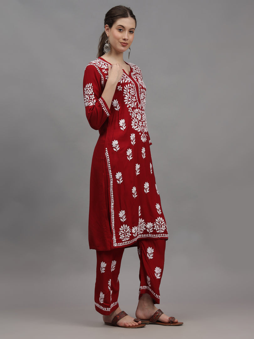 Seva Chikan Hand Embroidered Rayon Lucknowi Chikankari Kurta Set