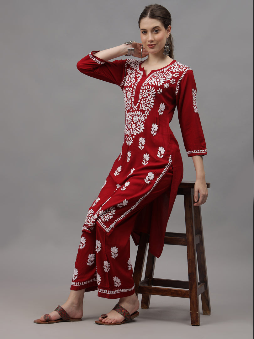 Seva Chikan Hand Embroidered Rayon Lucknowi Chikankari Kurta Set