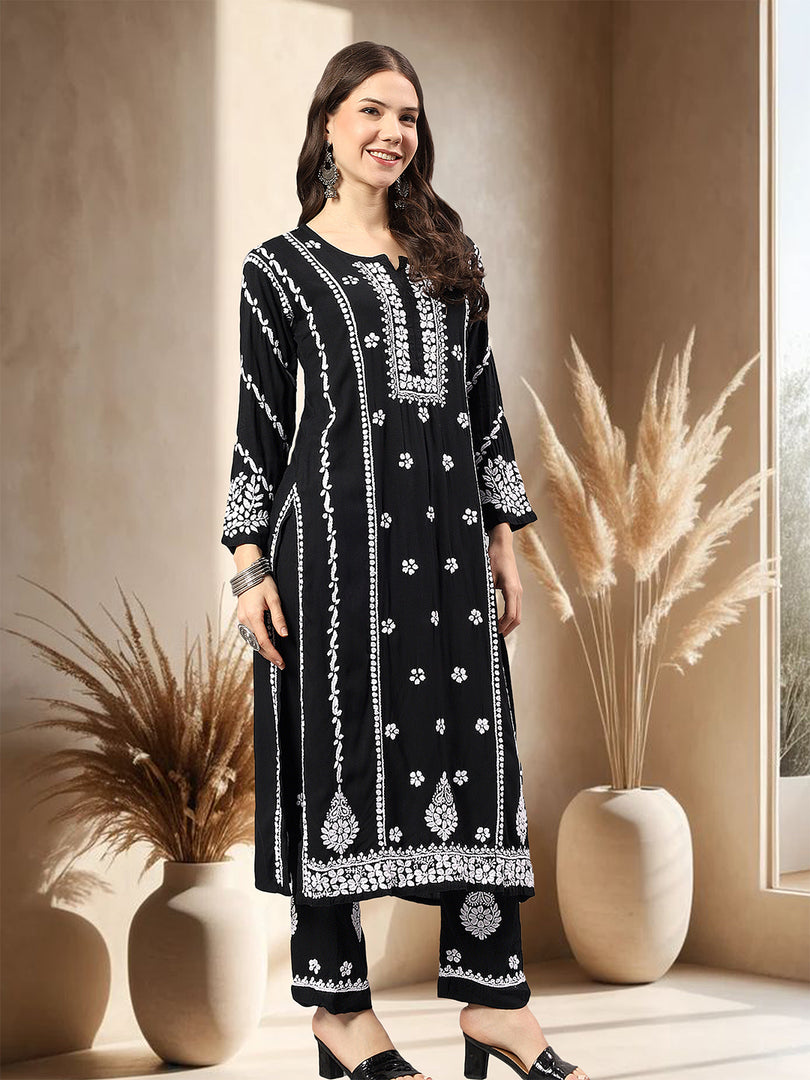 Seva Chikan Hand Embroidered Rayon Lucknowi Chikankari Kurta Set
