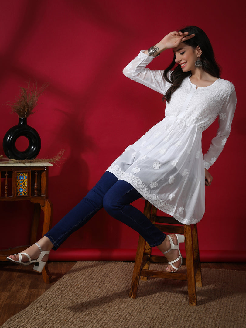 Seva Chikan Hand Embroidered White Viscose Georgette Lucknowi Chikan Top With Slip-SCL9010