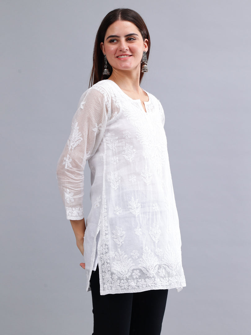 Seva Chikan Hand Embroidered White Kota Lucknowi Chikankari Top SCL9100