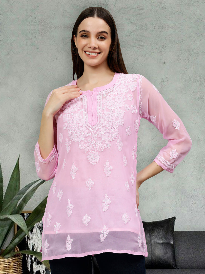 Seva Chikan Hand Embroidered Pink Georgette Lucknowi Chikankari Top With Slip