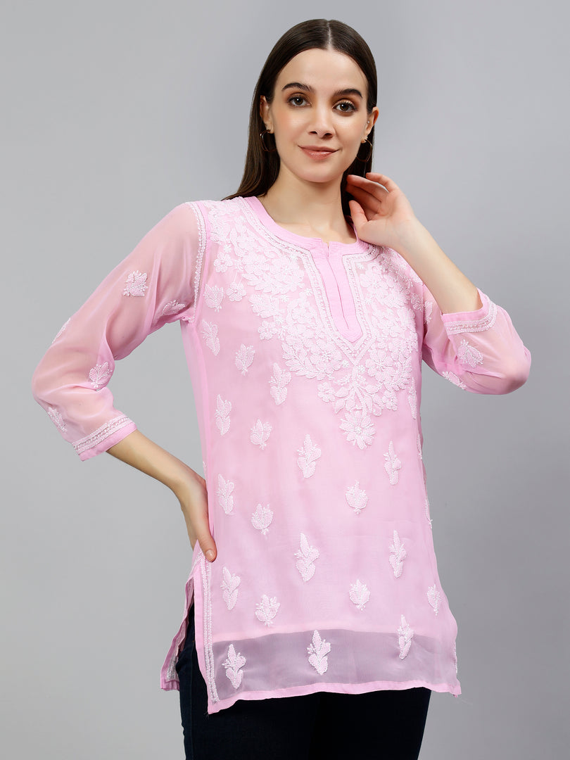 Seva Chikan Hand Embroidered Pink Georgette Lucknowi Chikankari Top With Slip