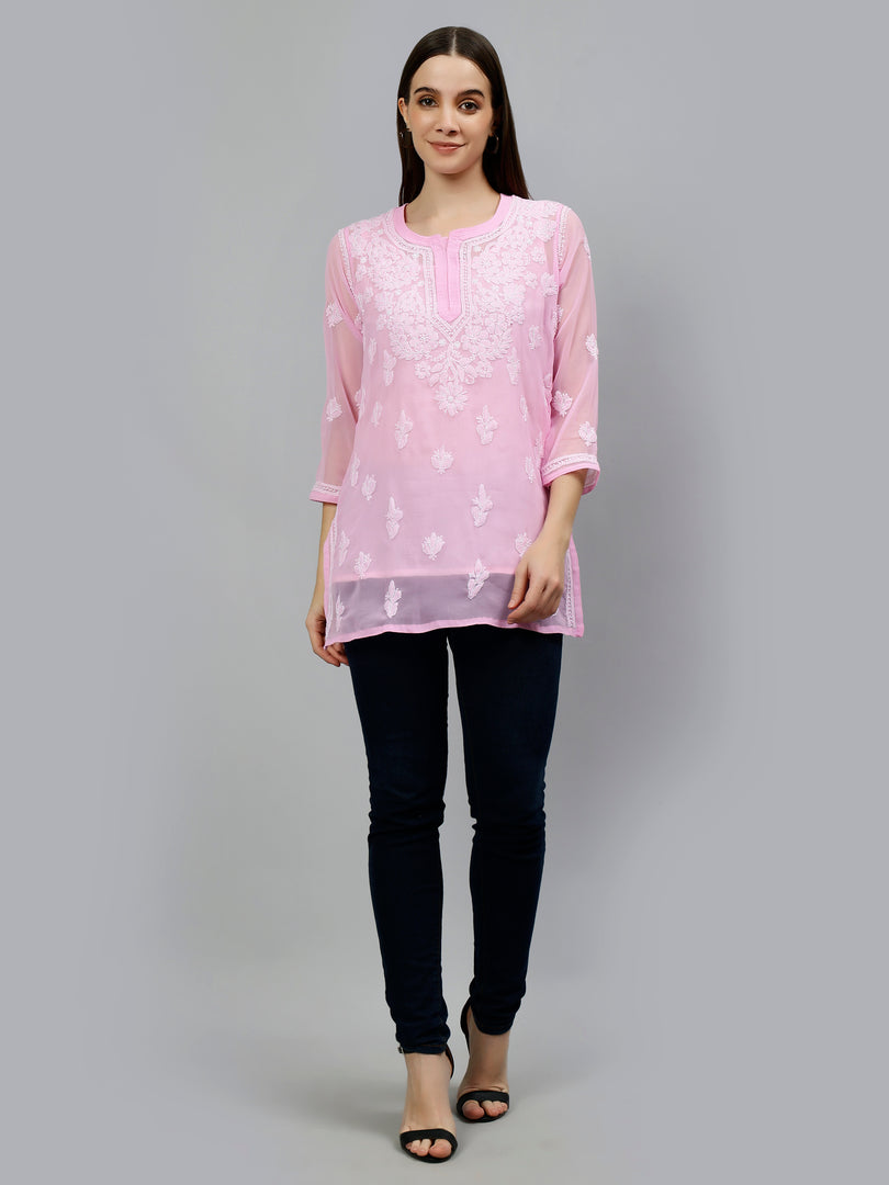 Seva Chikan Hand Embroidered Pink Georgette Lucknowi Chikankari Top With Slip