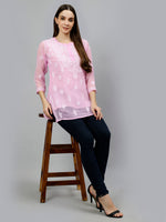 Load image into Gallery viewer, Seva Chikan Hand Embroidered Pink Georgette Lucknowi Chikankari Top With Slip
