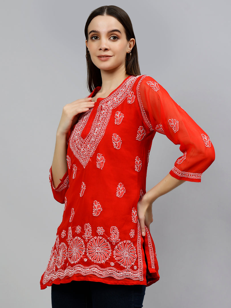 Seva Chikan Hand Embroidered Georgette Lucknowi Chikankari Top With Slip