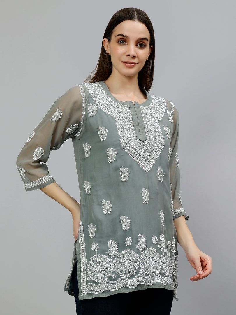 Seva Chikan Hand Embroidered Georgette Lucknowi Chikankari Top With Slip