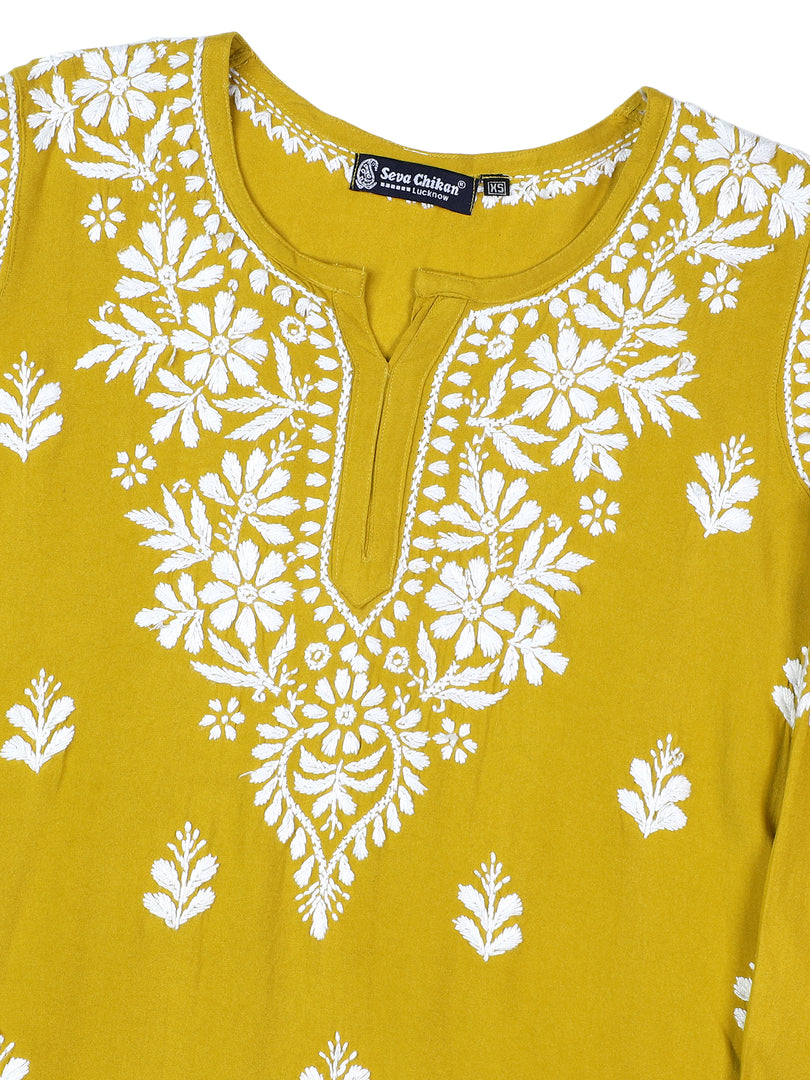 Seva Chikan Hand Embroidered Mehandi Green Rayon Lucknowi Chikan Top SCL9162